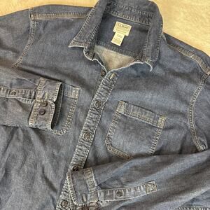 LL Bean Denim Men Blue Long Sleeve Button Work Pocket Shirt Chore XL TALL